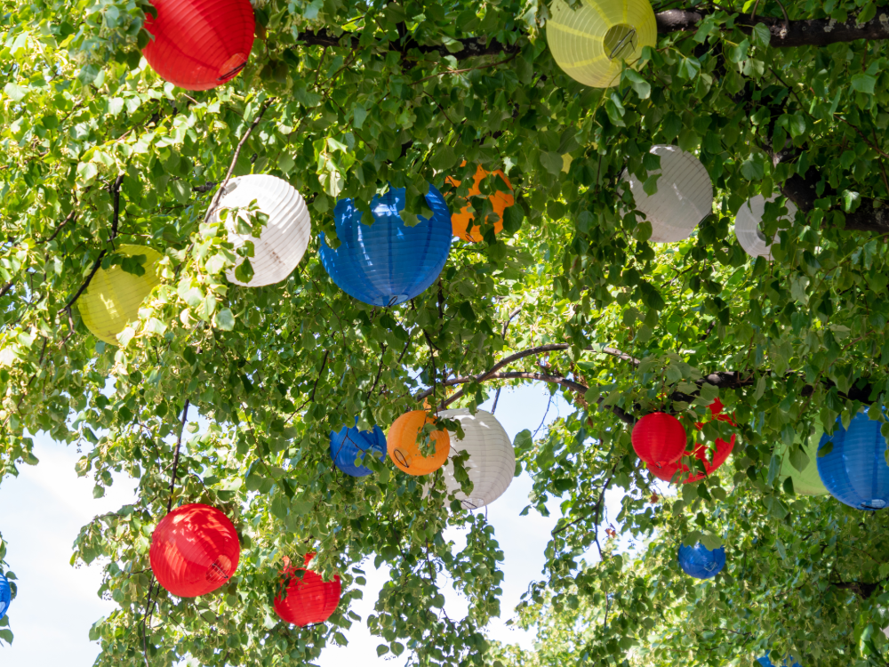 Bunte Papierlaternen hängen an den Ästen der Bäume inmitten des üppigen Grüns und schaffen eine festliche und lebendige Atmosphäre im Freien - perfekt, um mit einer Sommer-Wertkarte unter natürlichem Tageslicht zu feiern.