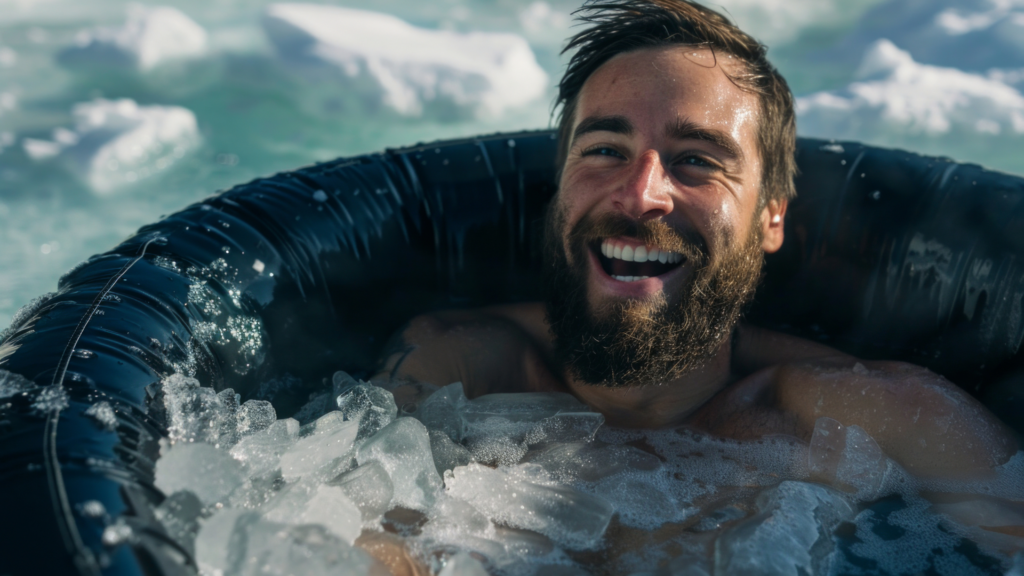 Ein bärtiger Mann lächelt, während er in einer mit Eiswürfeln gefüllten Wanne sitzt, im Freien mit verschwommenem Schnee und Eis im Hintergrund, und fängt den belebenden Geist von Eisbaden in der Keidel Therme ein.