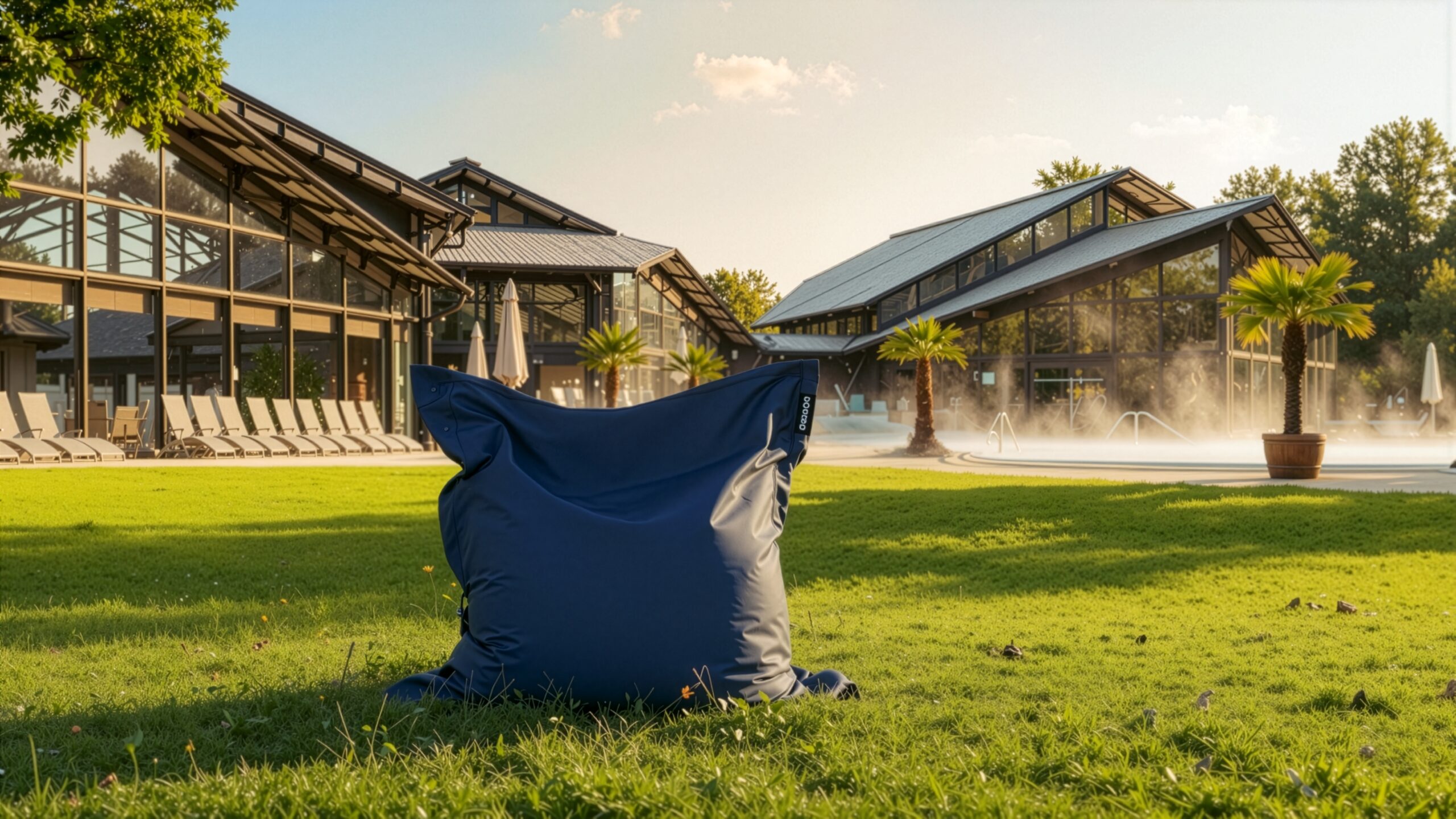 Un grand pouf bleu est posé sur une pelouse devant des bâtiments modernes en verre, des palmiers et une piscine au coucher du soleil – capturant l’atmosphère détendue de l’été dans les Keidel Thermes sous un ciel clair.