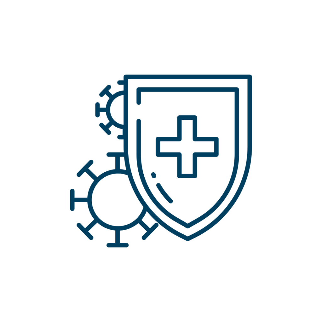 Strichzeichnung eines Schildes mit einem medizinischen Kreuz vor zwei Virusformen, die für Gesundheitsschutz oder Immunabwehr stehen – ideal zur Illustration von Sauna-Tipps zur Stärkung der Immunabwehr.